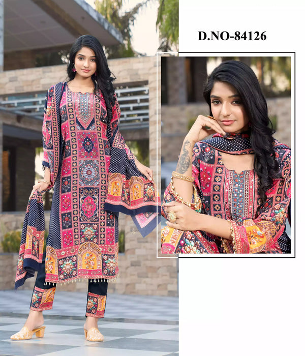 Readymade Pure Crepe Pakistani Print With Embroidery, Crepe Dupatta, Rayon Pant With Miyani