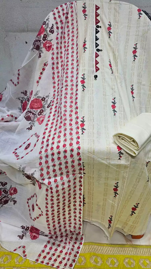 UNSTICHED NECK EMBROIDERED COTTON SUIT WITH MAL COTTON DUPATTA