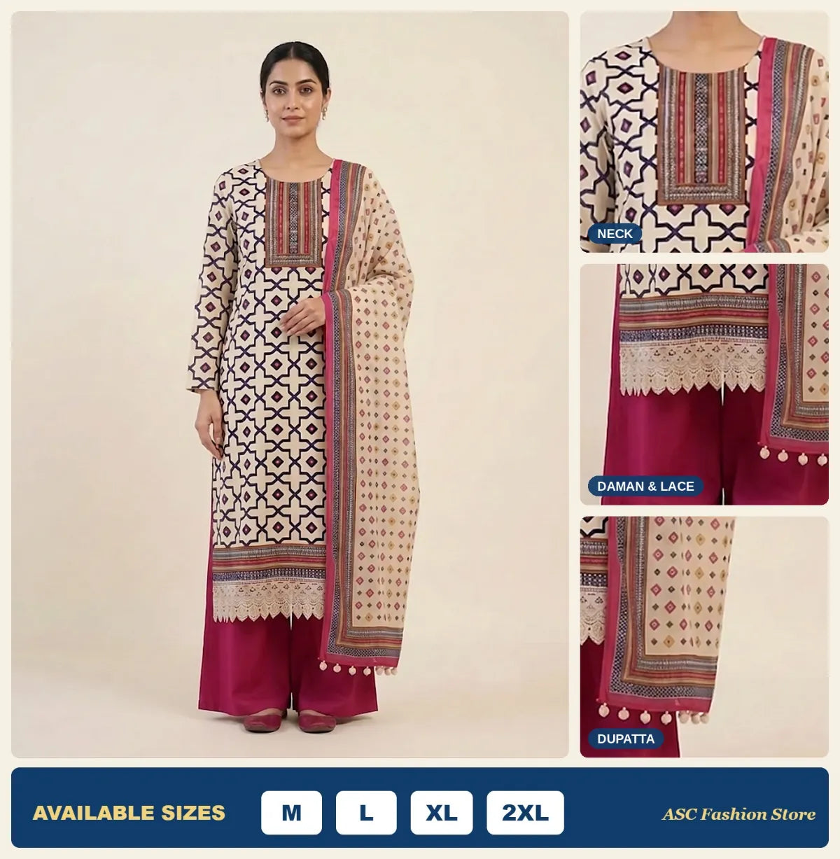 Beige geometric print Gajji silk suit close-up of Jaipuri handwork neck, lace daman and dupatta