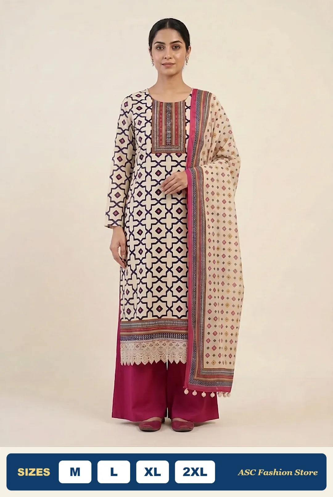 Gajji Silk Readymade Suit beige geometric print with magenta plazo and Jaipuri print dupatta - ASC Fashion Store
