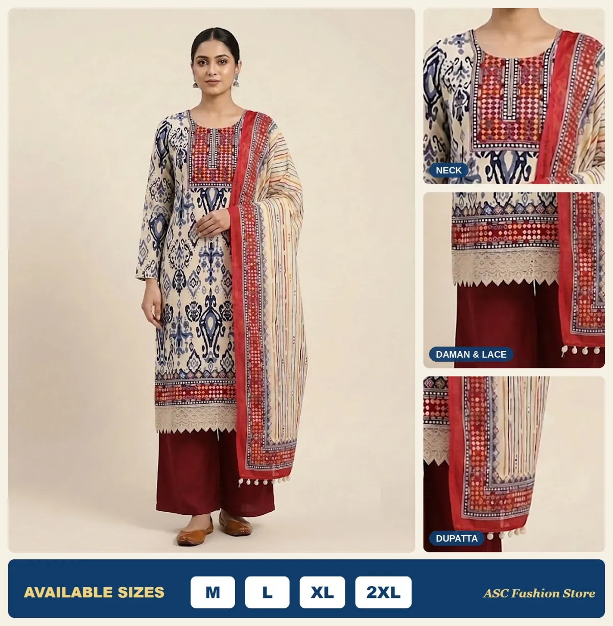 Ivory blue ikat Gajji silk suit close-up of Jaipuri handwork neck, lace daman and dupatta