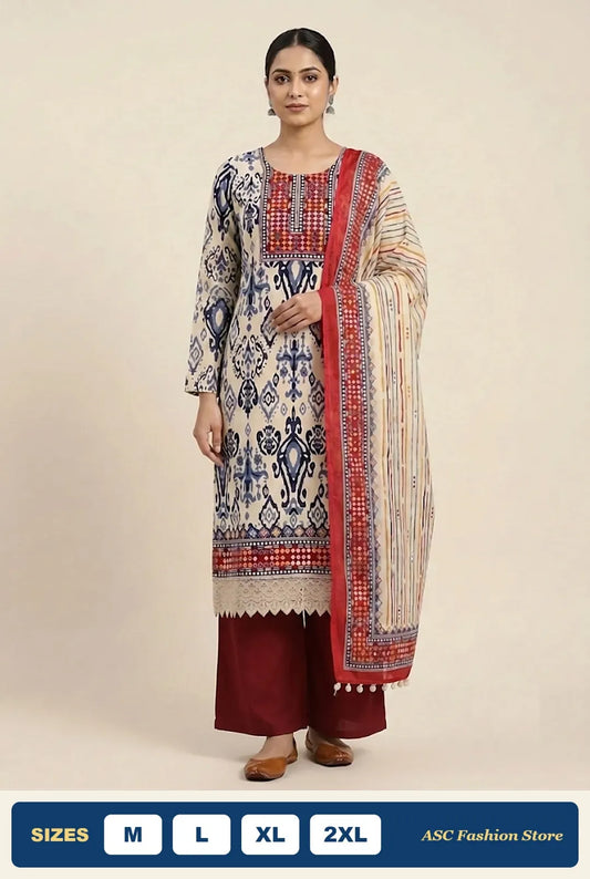 Gajji Silk Readymade Suit ivory blue ikat print with maroon plazo and red Jaipuri print dupatta - ASC Fashion Store