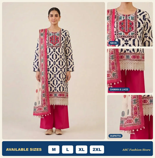 Ivory navy print Gajji silk suit close-up of Jaipuri handwork neck, lace daman and dupatta