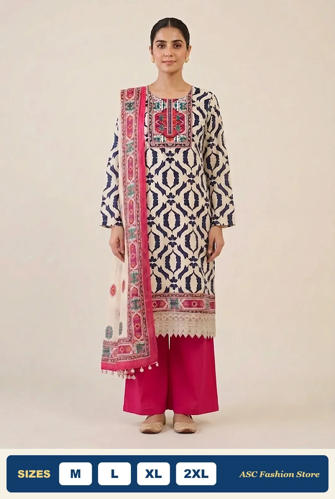 Gajji Silk Readymade Suit ivory navy print with pink plazo and pink border Jaipuri dupatta - ASC Fashion Store