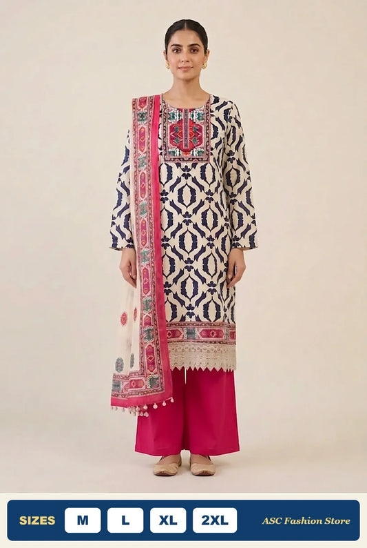Gajji Silk Readymade Suit ivory navy print with pink plazo and pink border Jaipuri dupatta - ASC Fashion Store