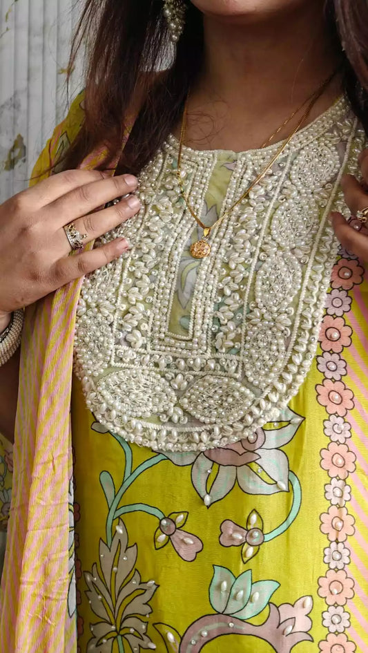 Readymade Organza With Lining Pakistani Pearl Embroidered Suit With Pure Dupatta