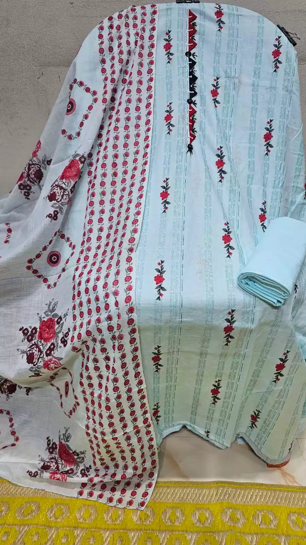 UNSTICHED NECK EMBROIDERED COTTON SUIT WITH MAL COTTON DUPATTA