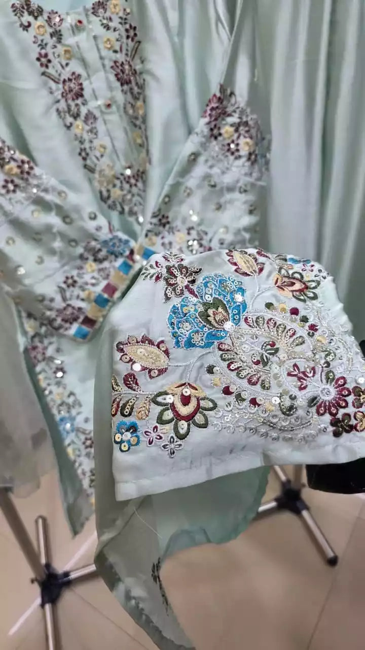 Lahori Style Designer Suit With Cutwork Embroidery & Plazzo