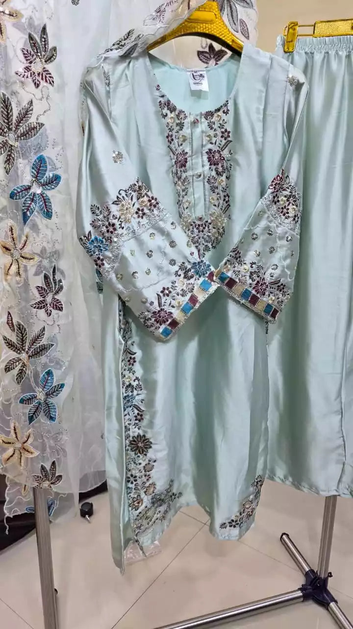 Lahori Style Designer Suit With Cutwork Embroidery & Plazzo