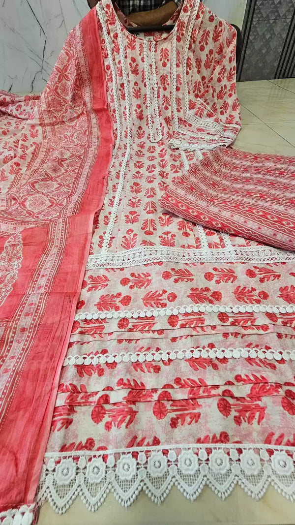 Karachi Pattern With Pleats Work,  Neck Potli buttons , Mal Dupatta, Cotton Pant