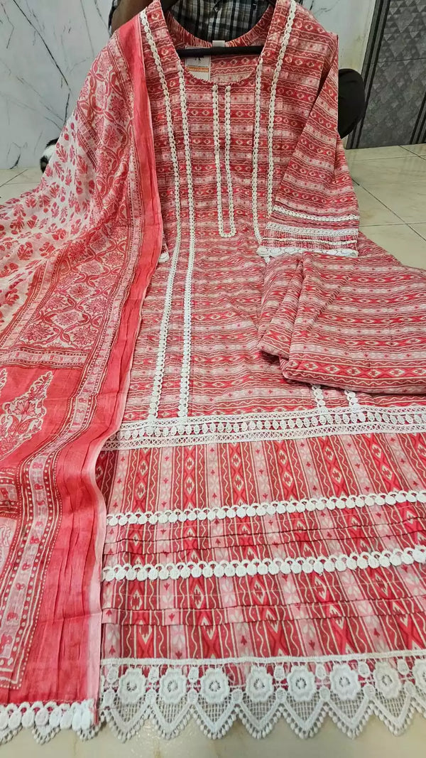 Karachi Pattern With Pleats Work,  Neck Potli buttons , Mal Dupatta, Cotton Pant