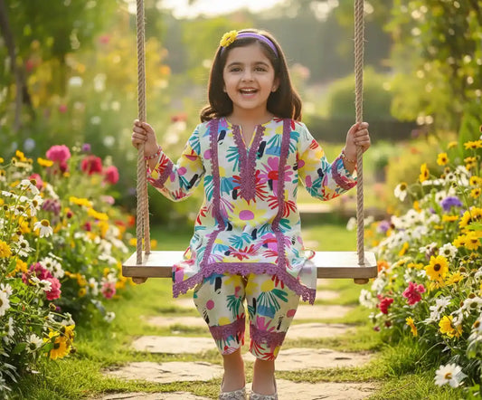 Girls Kids Karachi Lace Rayon Kurta Pant Straight Cut Cord-Sets