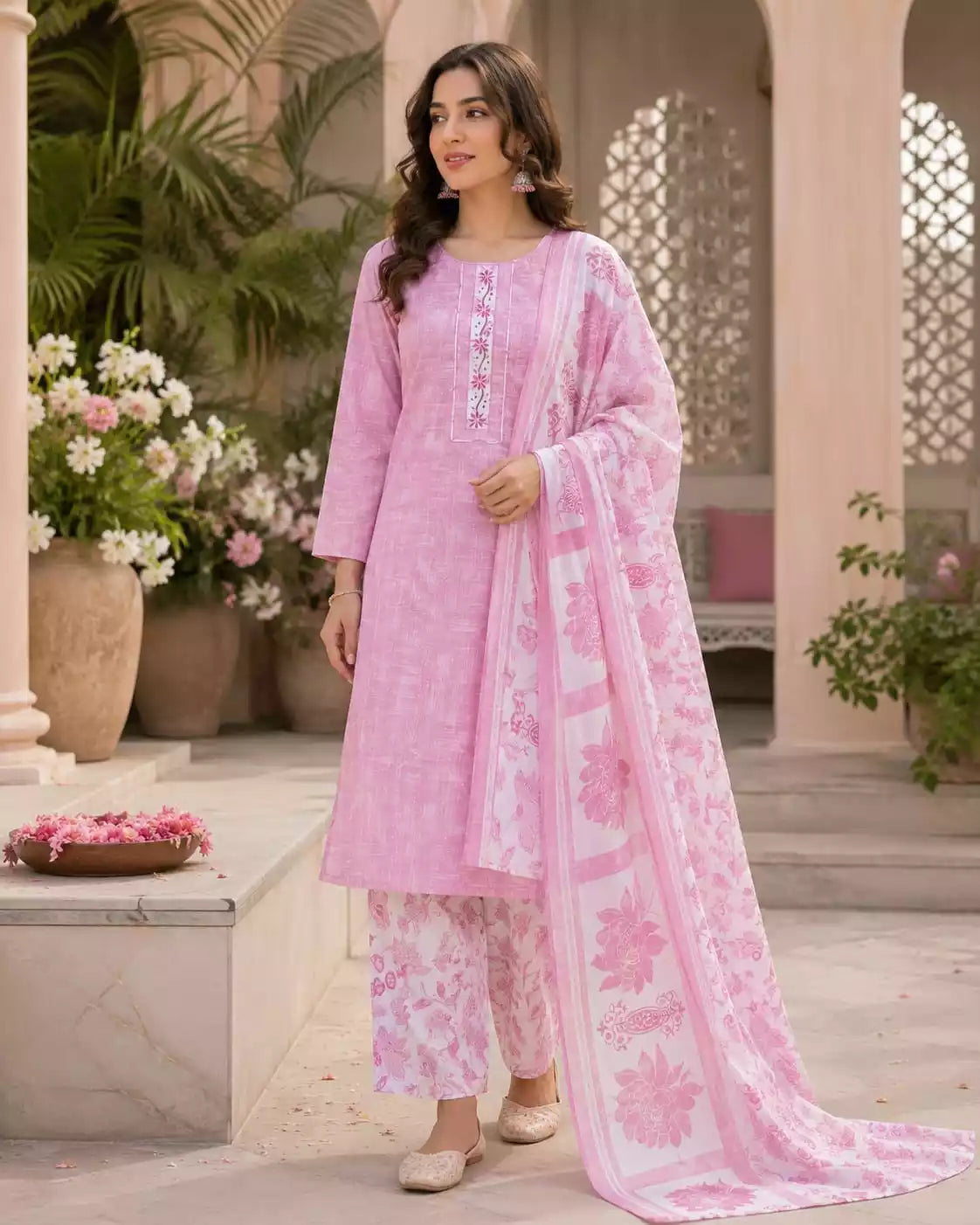 Pink traditional printed cotton pant set featuring a straight cut design and elegant neck patti for stylish comfort.