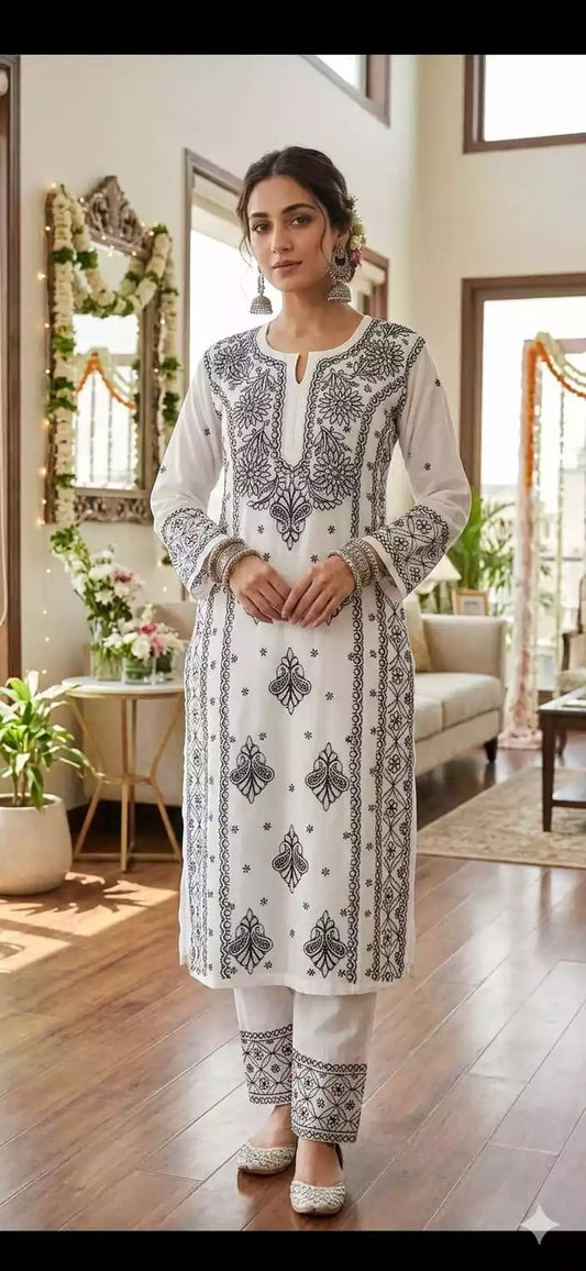 Premium Quality White Rayon WIth Black Lucknowi Embroidery With Plazo Pant Embroidered