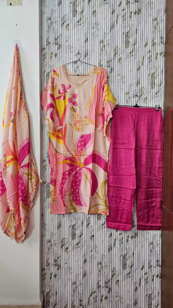 Readymade Pure Maslin  Pakistani Print With Embroidery, Maslin Dupatta, Rayon Pant