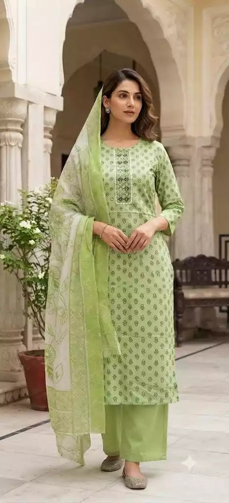 Pista Green Printed Cotton Suit Set featuring a straight cut top, matching pants, and a full-size dupatta.