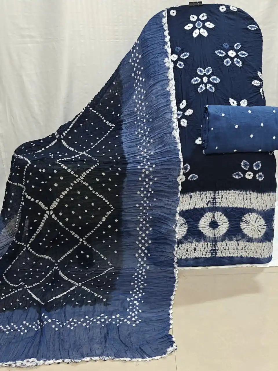 Navy Blue Bandhani Print Dress Material 2296 - unstitched kurta, bottom and two-tone shaded dupatta