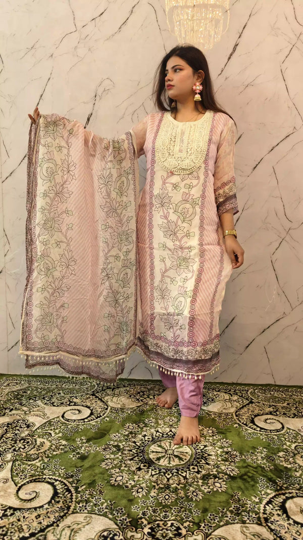 Readymade Organza With Lining Pakistani Pearl Embroidered Suit With Pure Dupatta