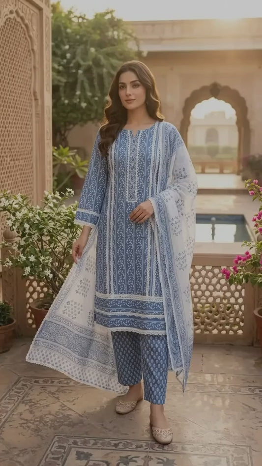 Sky blue with dew drop print karachi suit