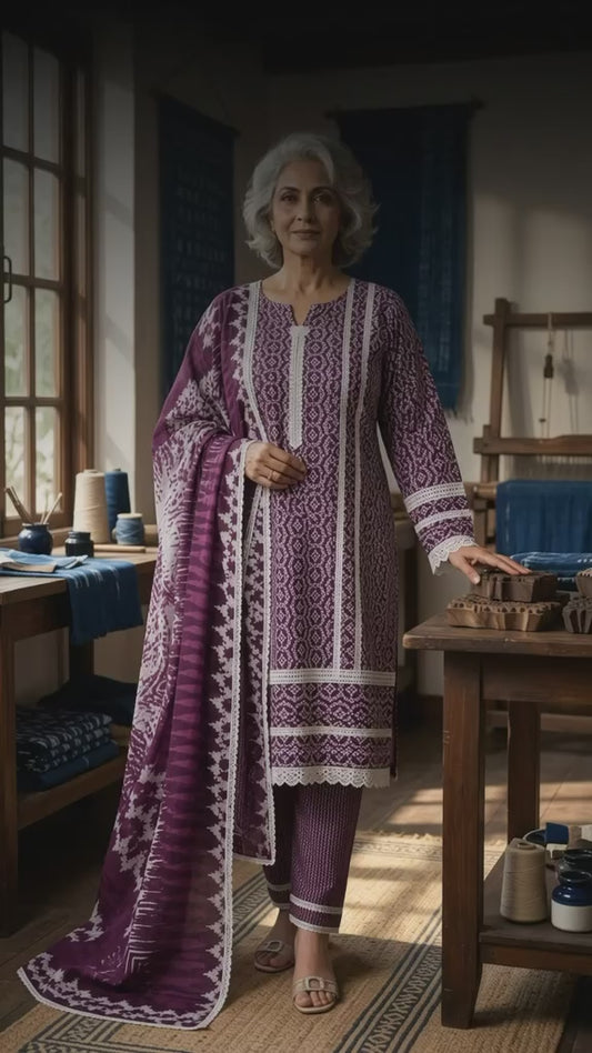 Wine Karachi Printed Cotton Suit with Dupatta
