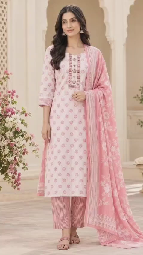 Pink printed cotton straight pant set