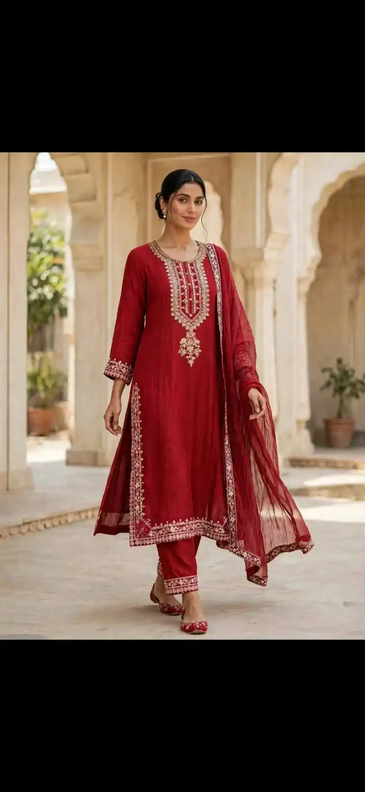 Red  straight-fit kurta featuring traditional embroidery designer suit
