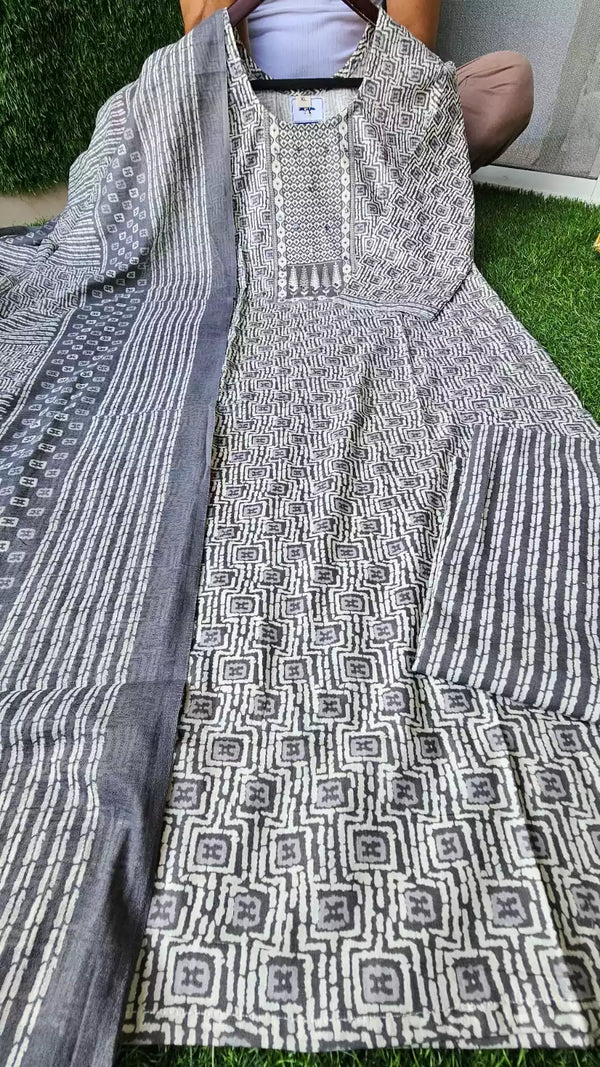 Readymade Block Print Cotton Suit With Cotton Dupatta