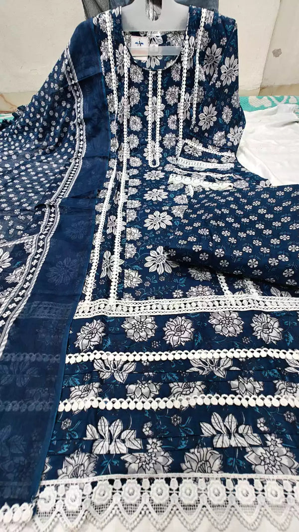 Karachi Pattern With Pleats Work,  Neck Potli buttons , Mal Dupatta, Cotton Pant