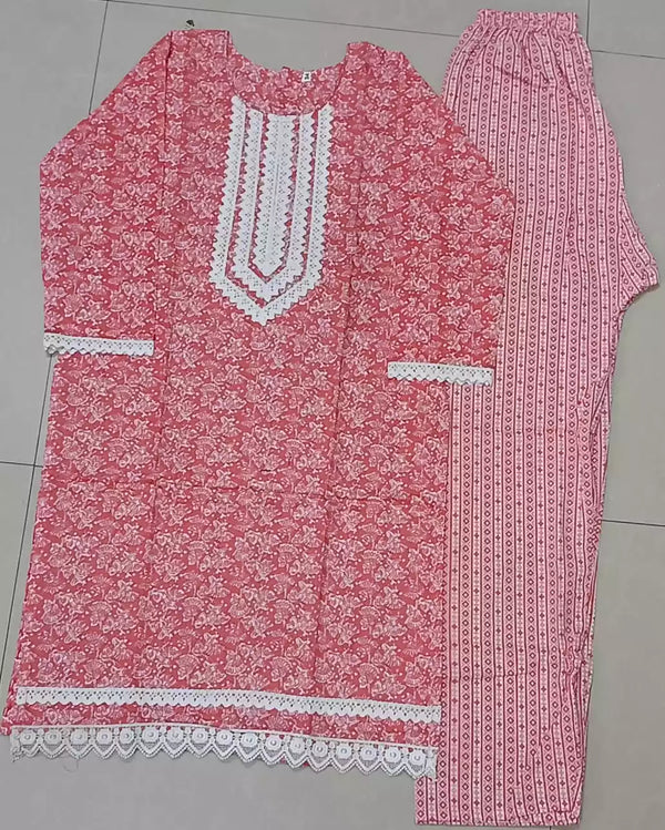 Girls Cotton Crochet Lace Kurta Pant Cord-Sets