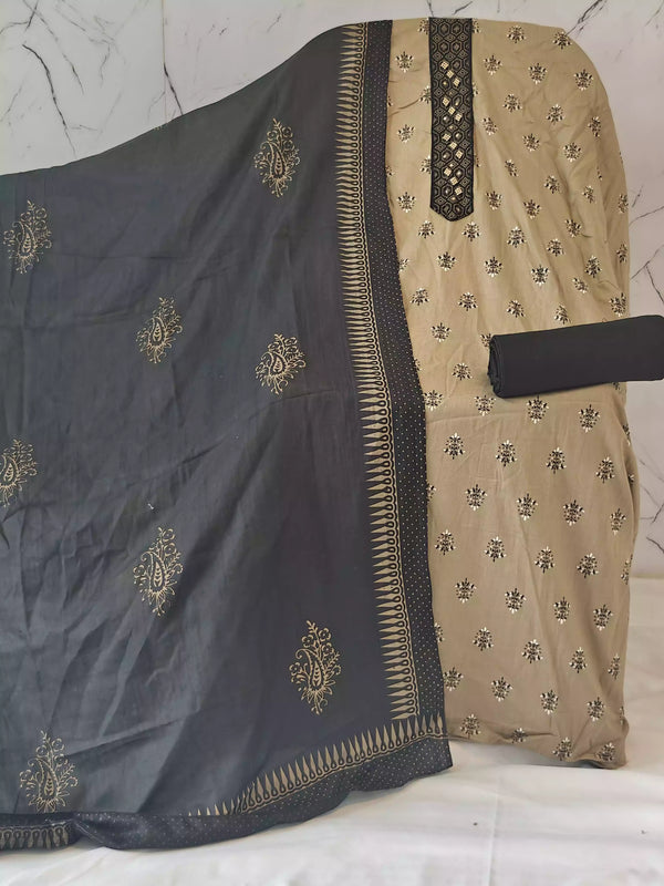 Unstitched Cotton Neck Tie Embroidered Material With Cotton Pant & Cotton Dupatta