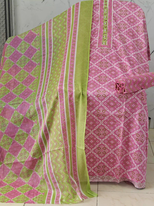 Unstitched Cotton Neck Tie Embroidered Material With Cotton Pant & Cotton Dupatta