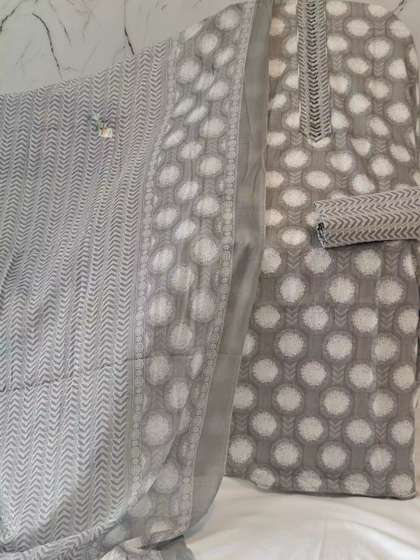 Unstitched Cotton Neck Tie Embroidered Material With Cotton Pant & Cotton Dupatta