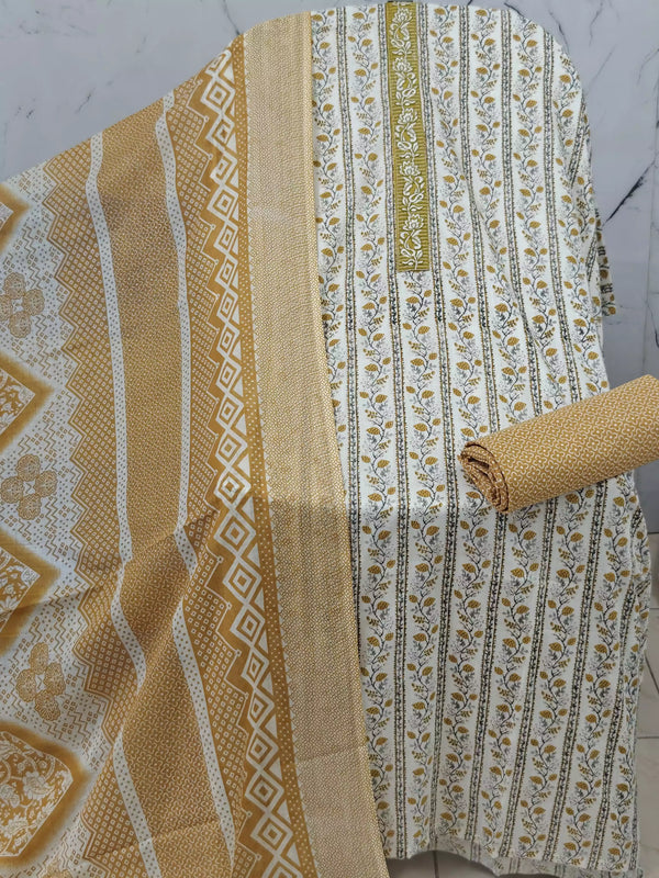 Unstitched Cotton Neck Tie Embroidered Material With Cotton Pant & Cotton Dupatta