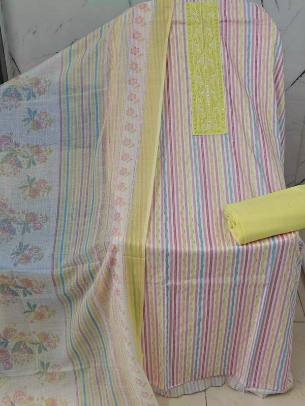 Unstitched Cotton Neck Tie Embroidered Material With Cotton Pant & Cotton Dupatta