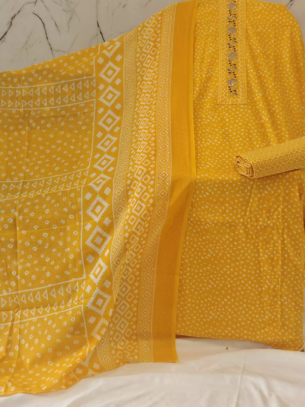 Unstitched Cotton Neck Tie Embroidered Material With Cotton Pant & Cotton Dupatta