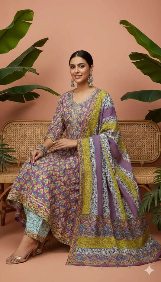 Gown With Kali In Premium Cotton Fabric, Cotton Pant, Mal Cotton Print Dupatta