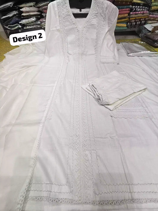 Hajj, umrah Special White Suit With 3d cutwork flowers, crochet lace, thread embroidered, Salwar & Mal Dupatta