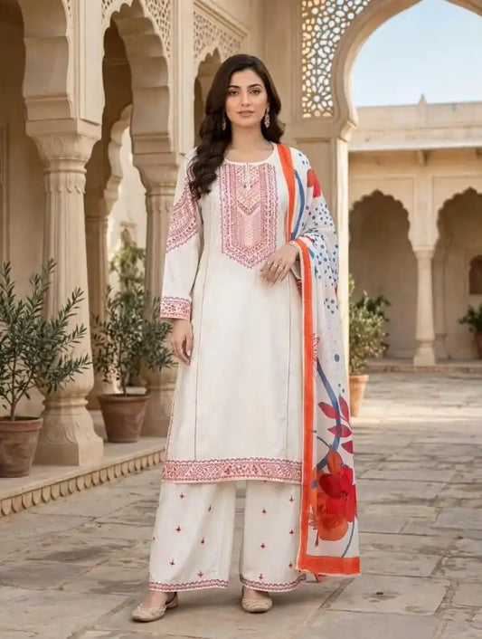 Ivory White Straight Fit Kurta with Pink and Maroon Thread Embroidery Designer Suit - ASC Fashion Store